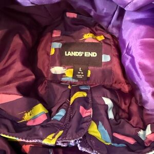 Lands' End Kids Puffer Jacket - Purple with Colorful Patterns